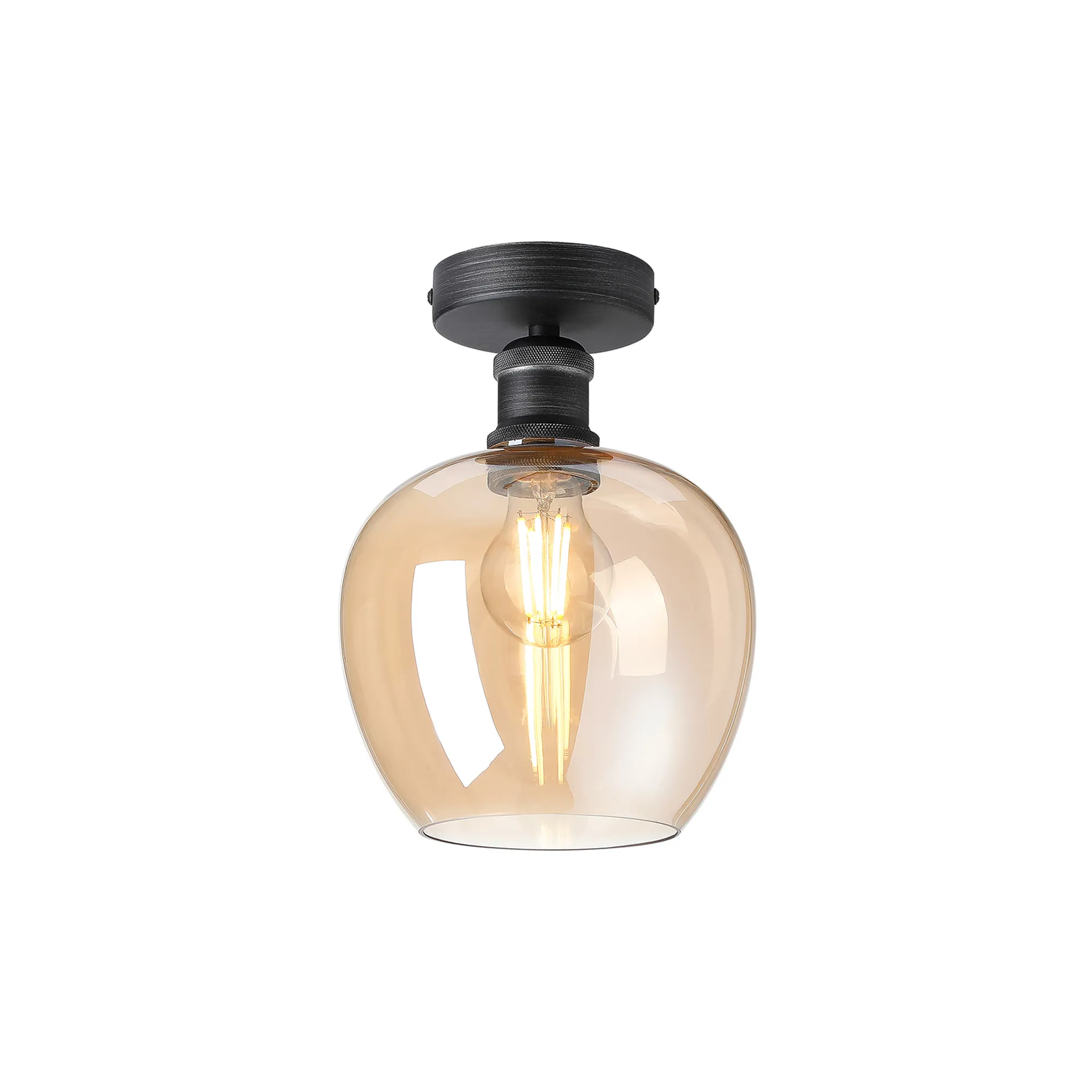 DK1131  Cawdor Flush Fitting, 1 Light E27, Pewter/Dark Grey/Amber Wine Glass